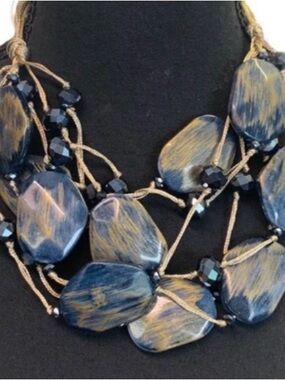 OOAK Artisan Statement Necklace: Blue & Gold Sculptural Web